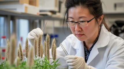 Aufkleber - A scientist examining plants in a laboratory setting.