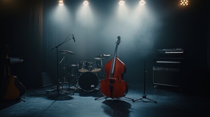 Aufkleber - A dimly lit stage with a double bass, drums, and instruments, ready for a music performance.