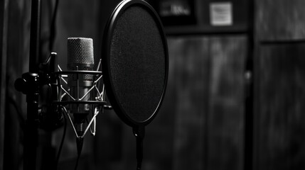 Poster - A microphone with a pop filter, set up for recording in a studio environment.