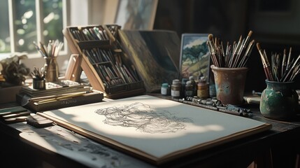 Poster - A cozy artist's studio filled with tools, paints, and sketches, ready for creative work.