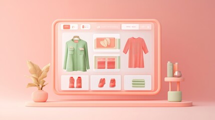 Aufkleber - A digital interface showcasing clothing items in a pastel-colored setting.