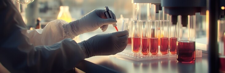 Aufkleber - A scientist conducts an experiment with test tubes in a laboratory setting.