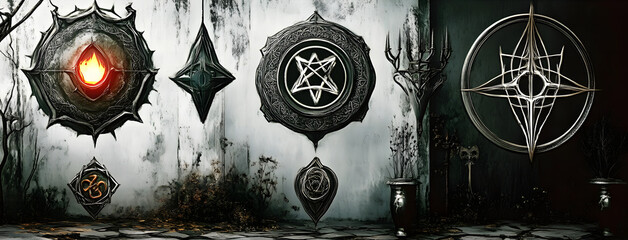 Canvas Print - A collection of gothic and dark fantasy style symbols and emblems that exude mystery, esotericism, and a sense of arcane rituals