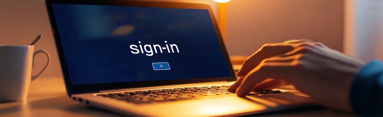 Poster - A person signing into a laptop with a dark background and warm lighting.
