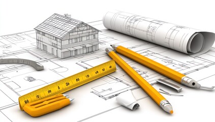 Aufkleber - A collection of architectural tools and a house model on blueprints for design purposes.
