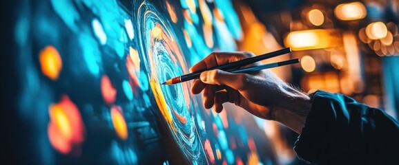 Poster - A hand drawing a colorful spiral design on a canvas, blending art and creativity.
