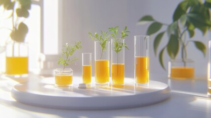 Aufkleber - A collection of test tubes with yellow liquid and small plants, emphasizing scientific exploration.