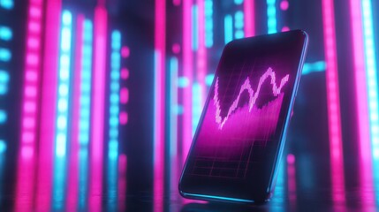 Wall Mural - a smartphone with a pink and blue neon background displays a financial graph.