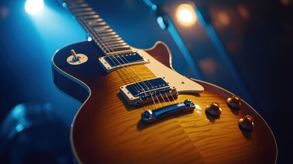 Poster - A close-up of an electric guitar under stage lighting, highlighting its design and craftsmanship.