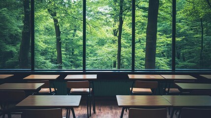 Aufkleber - A classroom with wooden desks facing large windows overlooking a lush green forest.