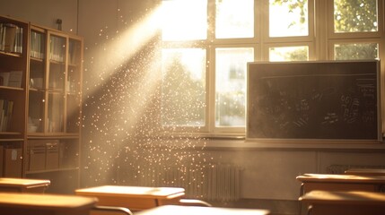 Aufkleber - Sunlight streaming into an empty classroom, highlighting dust particles in the air.