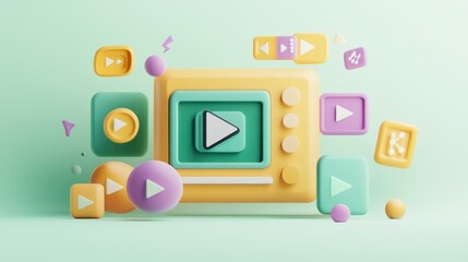 Fototapete - A colorful 3D illustration of a media player with interactive buttons and playful elements.