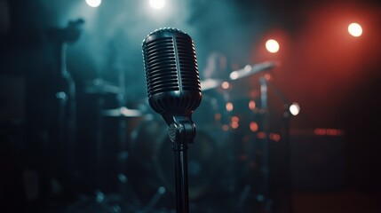 Poster - A vintage microphone in a dimly lit music venue, suggesting a live performance atmosphere.