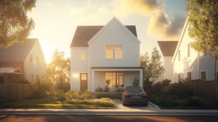 Poster - A charming modern house at sunset, showcasing a serene suburban lifestyle.