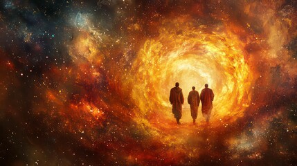 Wall Mural - three figures stand before a glowing portal in the center of a swirling nebula.
