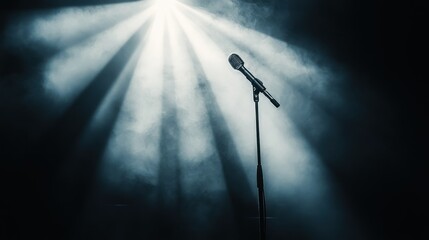 Aufkleber - A microphone stands alone under dramatic lighting, suggesting a performance or speech.