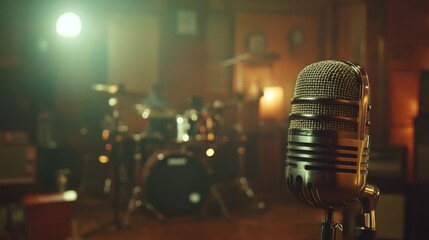 Aufkleber - A vintage microphone in a music studio, with a drum set in the background.