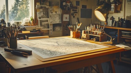 Poster - A well-lit workspace with art supplies and a detailed map on a wooden table.