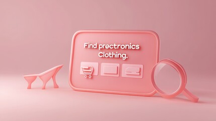 Aufkleber - A pink-themed graphic promoting clothing with shopping icons and a magnifying glass.