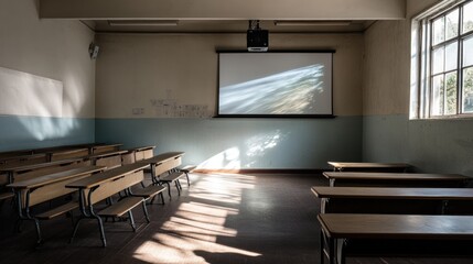 Aufkleber - A quiet classroom with wooden desks, a projector, and light streaming in through the window.