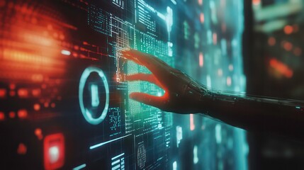Canvas Print - robot hand pressing on virtual digital screen hologram interface binary code big data connection tec