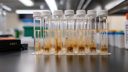 Aufkleber - Test tubes containing root samples in a laboratory setting for scientific analysis.