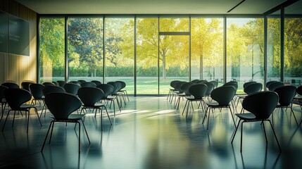 Aufkleber - A modern conference room with chairs and large windows overlooking a green landscape.
