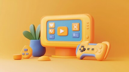 Poster - A playful 3D scene featuring a monitor, game controller, and a plant on a vibrant background.