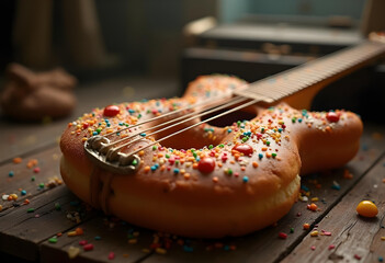 Wall Mural - whimsical guitar shaped like donut, adorned with colorful sprinkles, rests on rustic wooden surface. This playful fusion of music and dessert evokes sense of joy and creativity