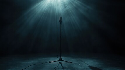Aufkleber - A solitary microphone stands on stage, illuminated by dramatic lighting.