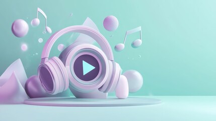 Poster - A 3D illustration of headphones with musical notes, symbolizing music and audio enjoyment.