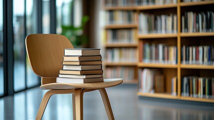 Aufkleber - A wooden chair with a stack of books in a modern library setting.