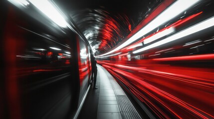 Wall Mural - a lone figure stands on a subway platform as a train speeds by, creating a blur of red and white lig