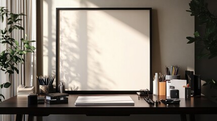 Poster - A minimalist workspace with a blank canvas, plants, and art supplies.