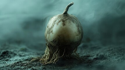 Aufkleber - A surreal depiction of a bulbous root vegetable emerging from a misty environment.