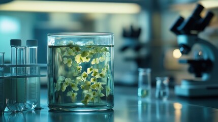 Aufkleber - A laboratory scene featuring a beaker with floating popcorn in a scientific environment.