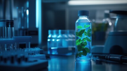 Poster - A laboratory scene featuring a bottle with green leaves submerged in blue liquid.