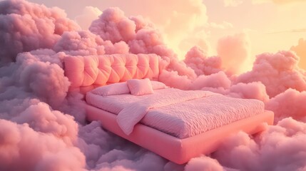 Wall Mural - a pink bed floats on fluffy clouds against a sunset sky.