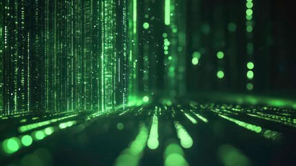 Wall Mural - abstract green digital data streams and lines with glowing particles.