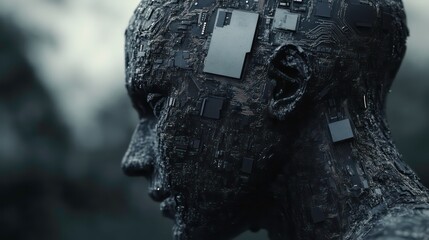 Wall Mural - microchips embedded into a human head, futuristic design, illustrating the blending of human intelli