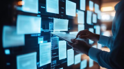 Wall Mural - a person using a tablet to interact with a digital wall displaying a grid of data and information.