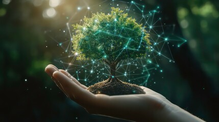 Wall Mural - a hand holding a small tree with a glowing network of lines and dots surrounding it.