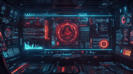 Wall Mural - a futuristic spaceship bridge with a large monitor displaying a digital interface with glowing red a