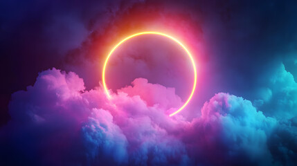 Wall Mural - 3d render, colorful neon ring glowing inside the stormy cloud on the dark sky, abstract background