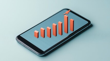 Wall Mural - graph with an arrow pointing up and a bar chart on a smartphone, isolated on a light blue background