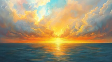 Wall Mural - golden rays of light breaking through storm clouds over a calm ocean, painting the horizon with vibr