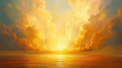 Wall Mural - golden rays of light breaking through storm clouds over a calm ocean, painting the horizon with vibr