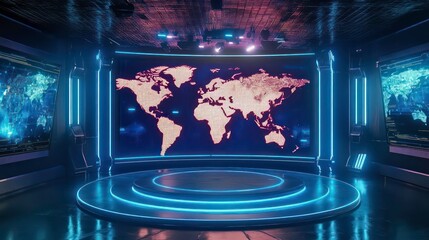 Wall Mural - futuristic news studio with a glowing world map backdrop, circular stage platform, blue neon lightin