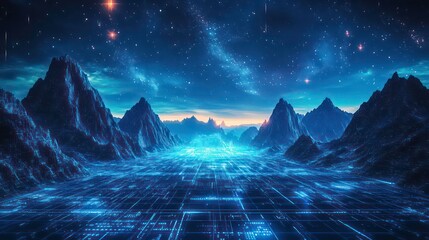 Wall Mural - a futuristic landscape with glowing mountains and a gridded surface beneath a starry sky.