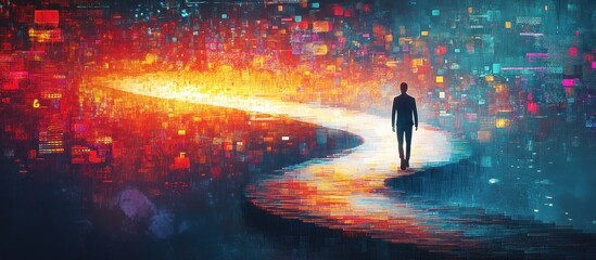 Wall Mural - A lone figure walks down a path of light towards a glowing future.